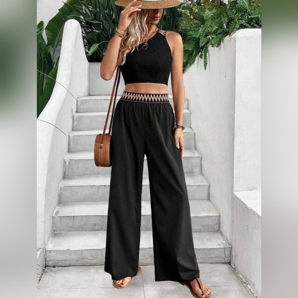 Women Black Wide Leg Pants Chevron Waistband XL (12) - Picture 3 of 4